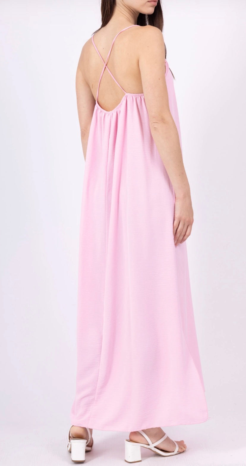 Robe longue fluide dos croisé - rose pale