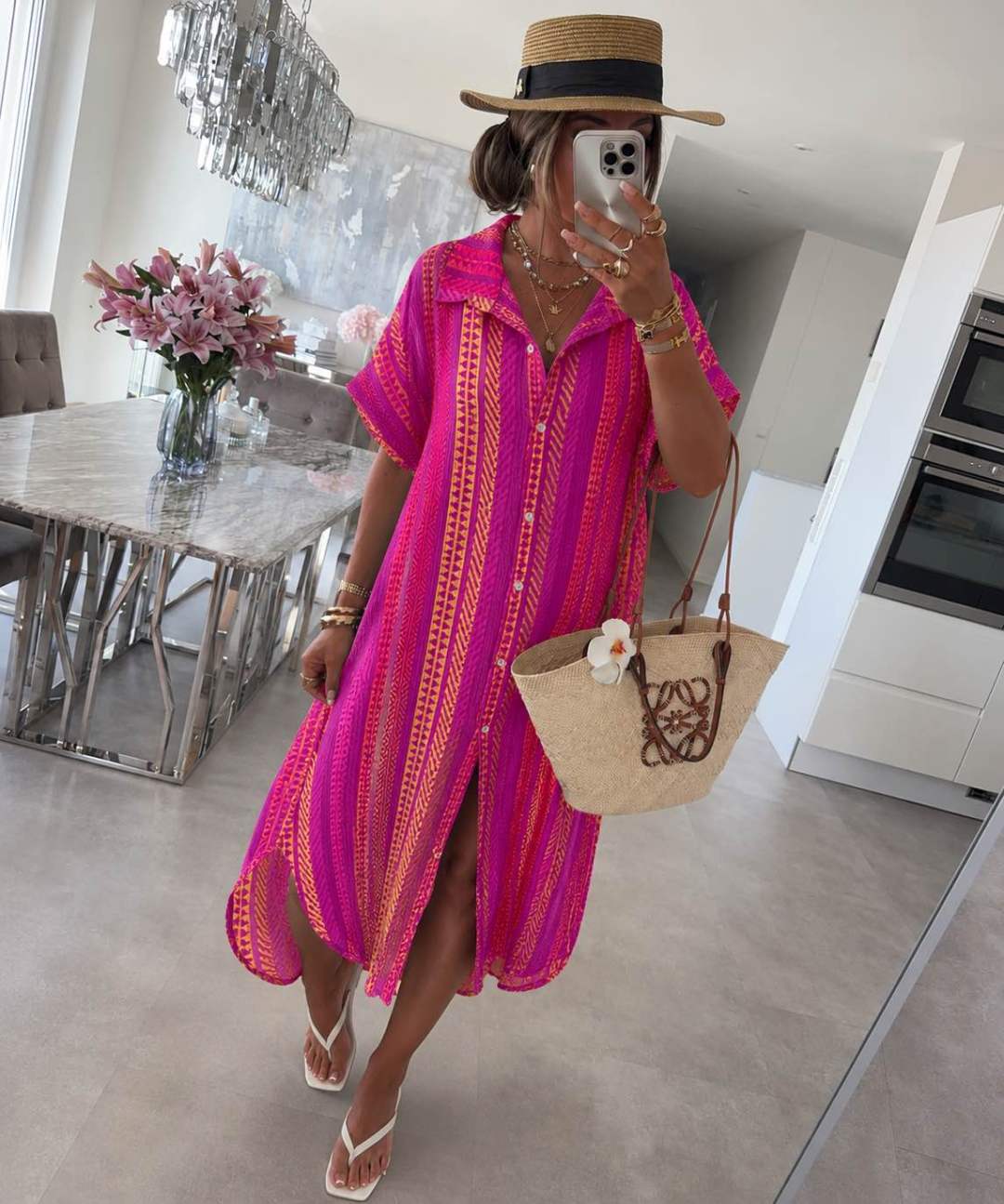 Robe Chemise Longue Bohème – Rayures Fluo