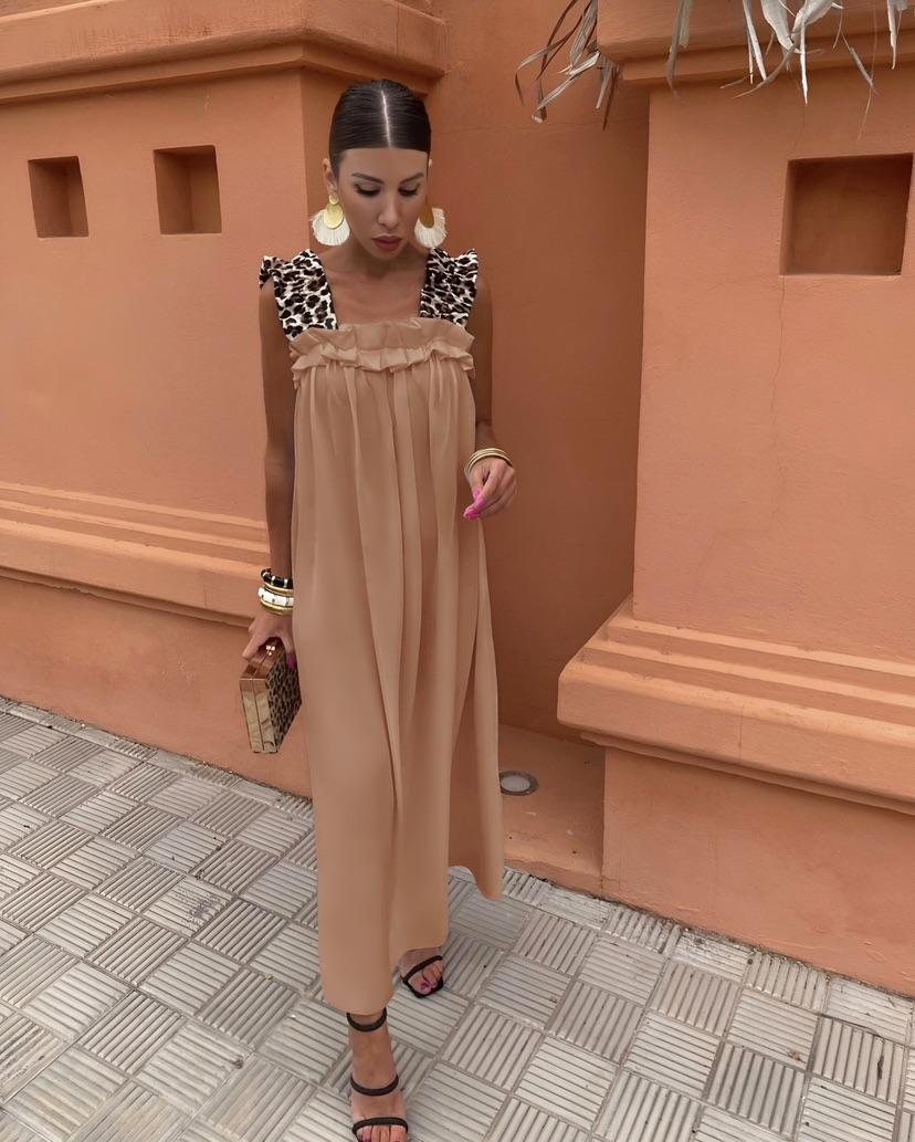 Robe longue femme fluide bretelles léopard robe été chic TU