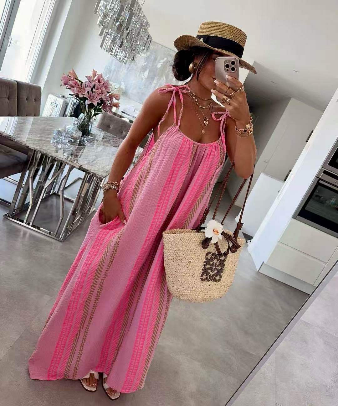 Robe Longue Bohème Rayée Bretelles Nouées