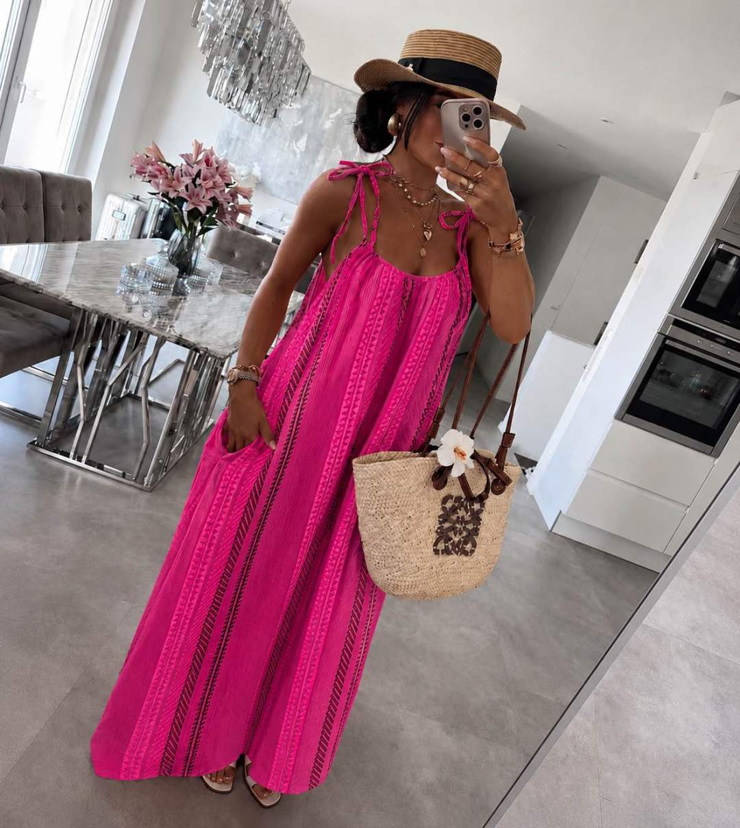 Robe Longue Bohème Rayée Bretelles Nouées