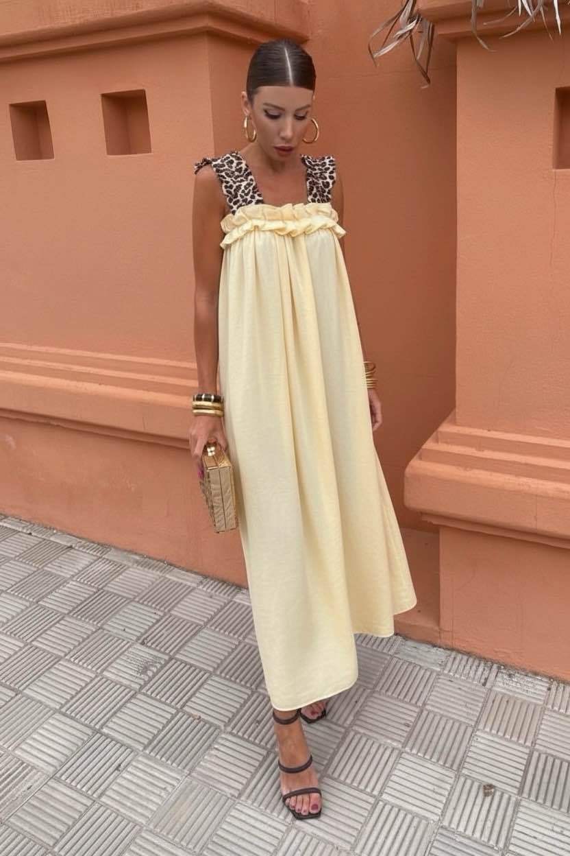 Robe longue femme fluide bretelles léopard robe été chic TU