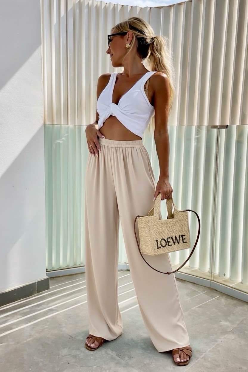 Pantalon fluide femme taille élastique large polyester elasthanne TU 34-48
