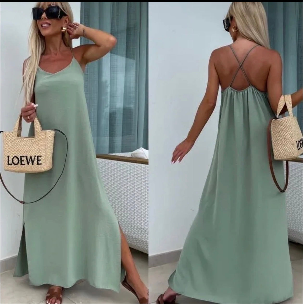Robe longue fluide dos croisé - vert céladon