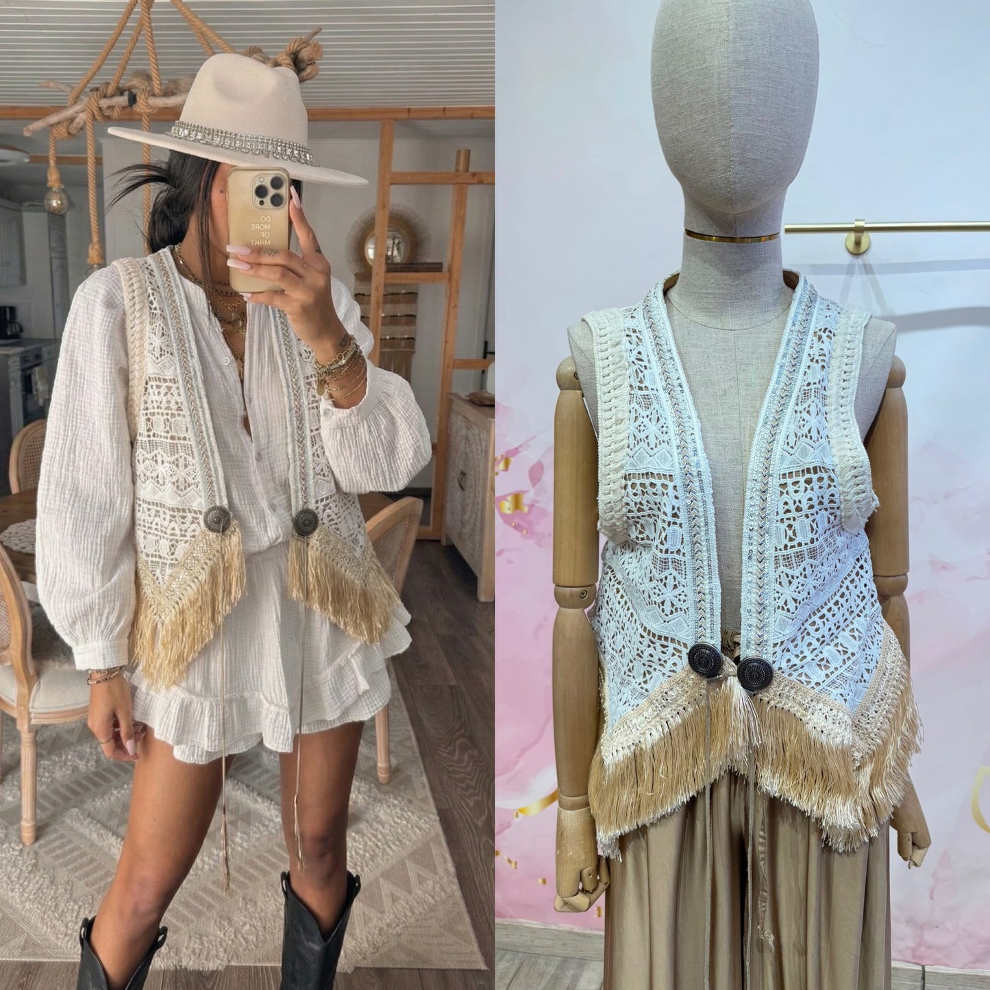 Gilet Bohème Crochet & Franges – Écru