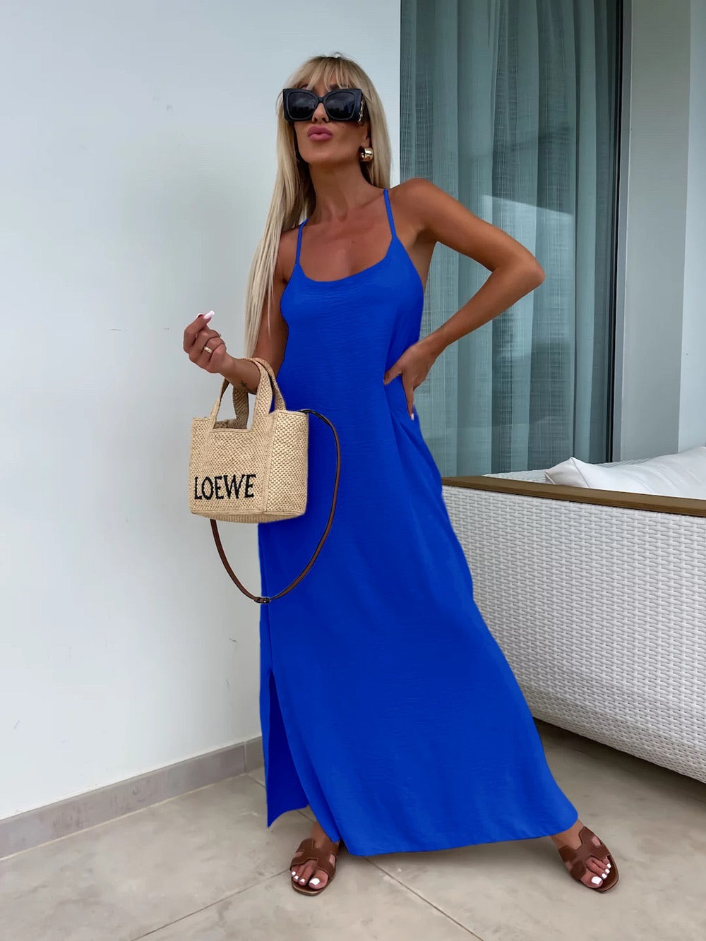 Robe longue fluide dos croisé - bleu roi