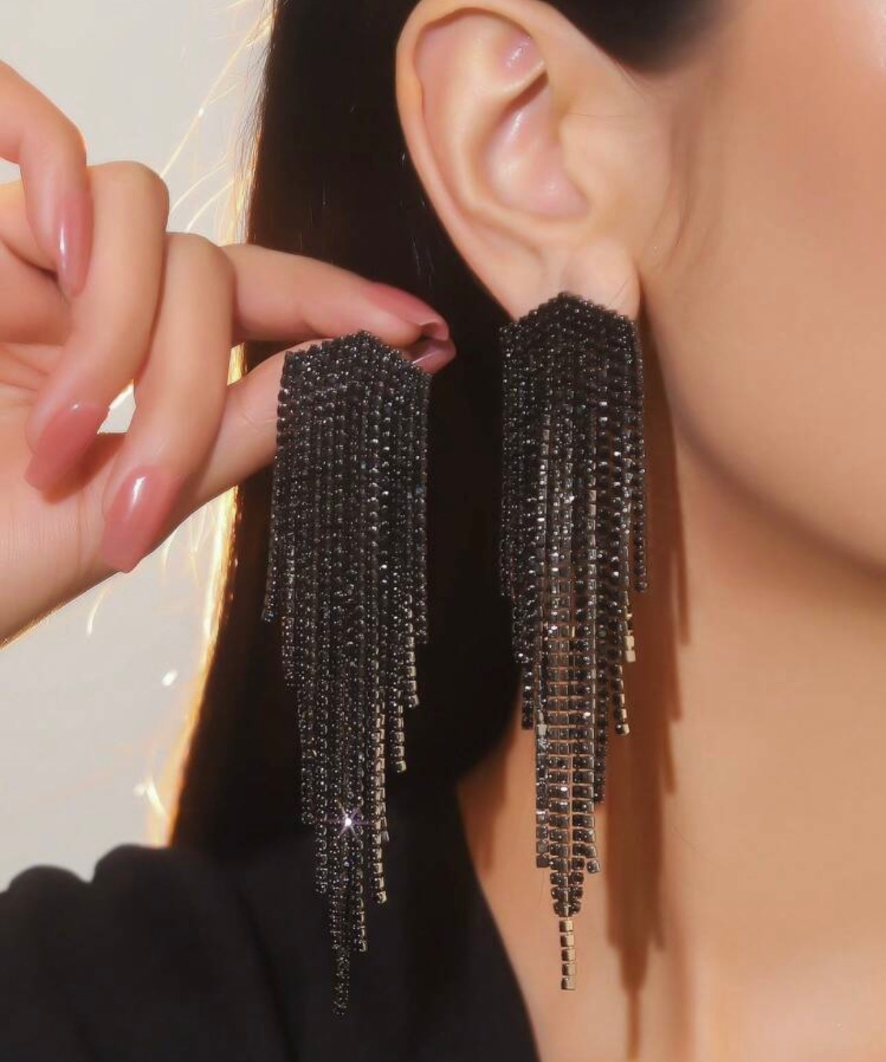 Boucles d’oreilles STRASS franges longs- ARGENT, OR & NOIR