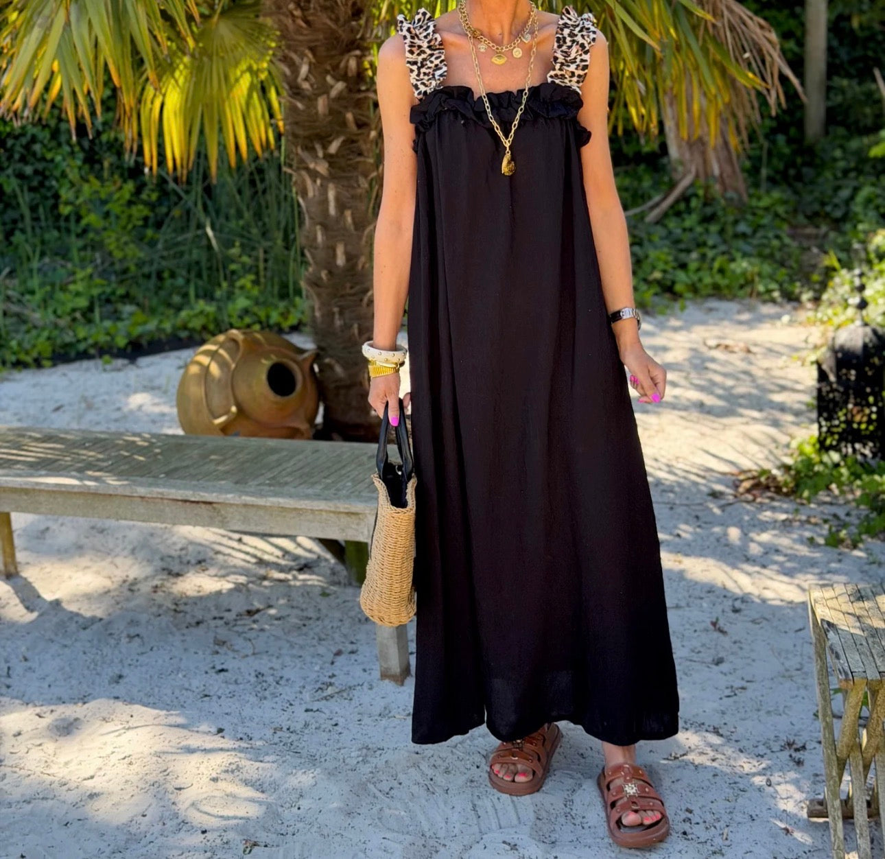 Robe longue femme fluide bretelles léopard robe été chic TU