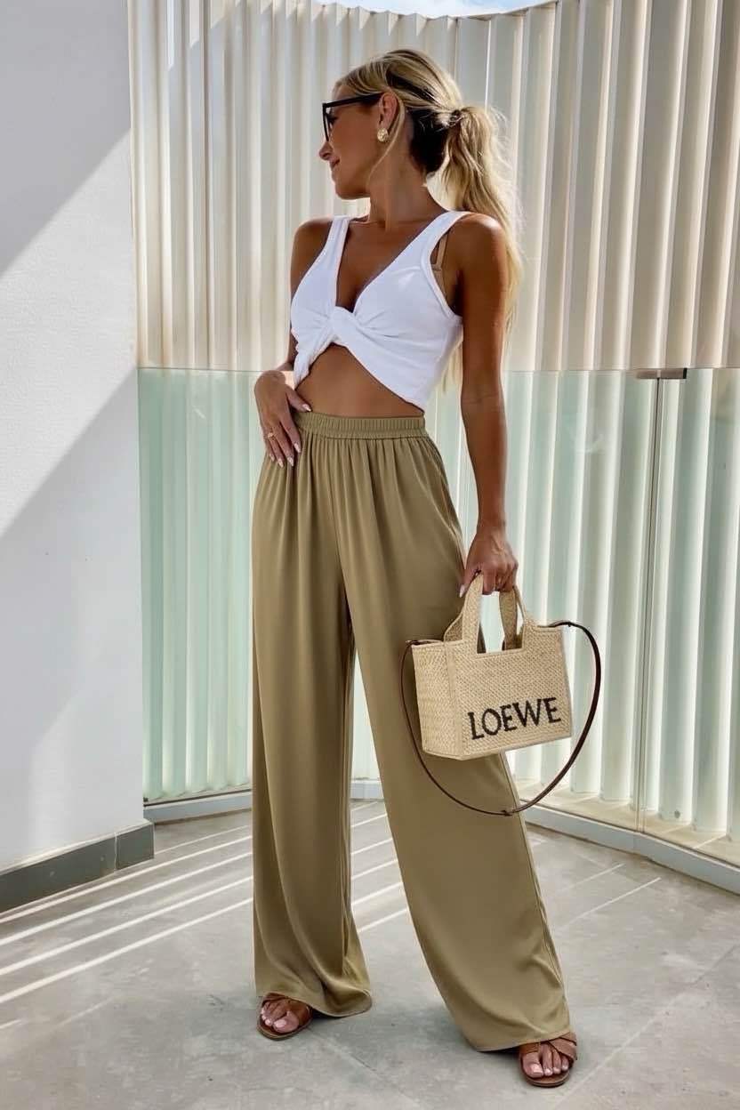 Pantalon fluide femme taille élastique large polyester elasthanne TU 34-48