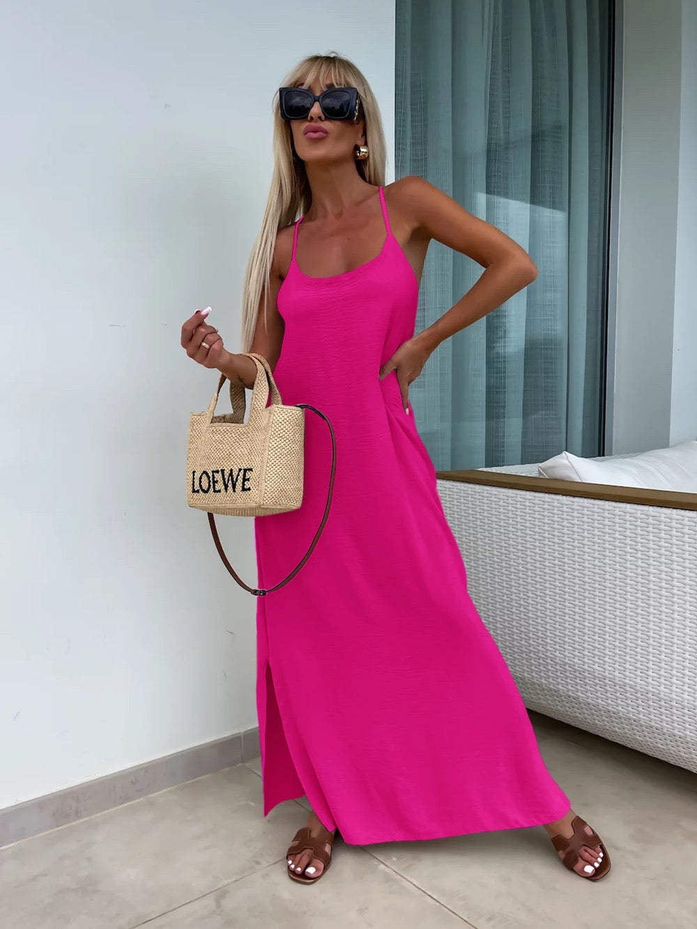 Robe longue fluide dos croisé - fuchsia