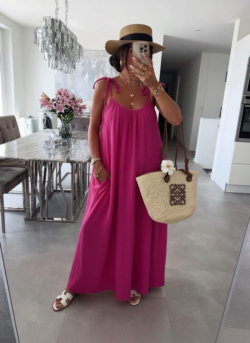 Robe Longue Bohème en Gaze de Coton – Bretelles à Nouer