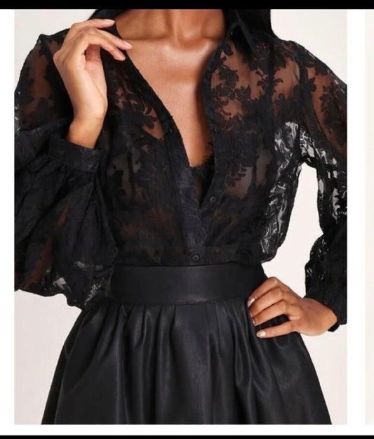 Chemisier Femme Transparent Motif Baroque Noir