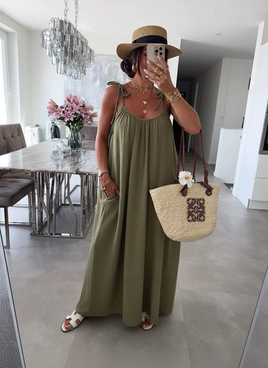 Robe Longue Bohème en Gaze de Coton – Bretelles à Nouer