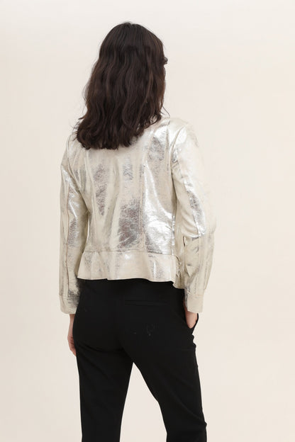 Veste perfecto femme argente leger veste simili cuir metallise dorée