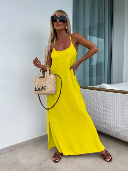 Robe longue fluide dos croisé - jaune