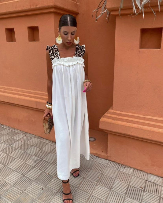 Robe longue femme fluide bretelles léopard robe été chic TU
