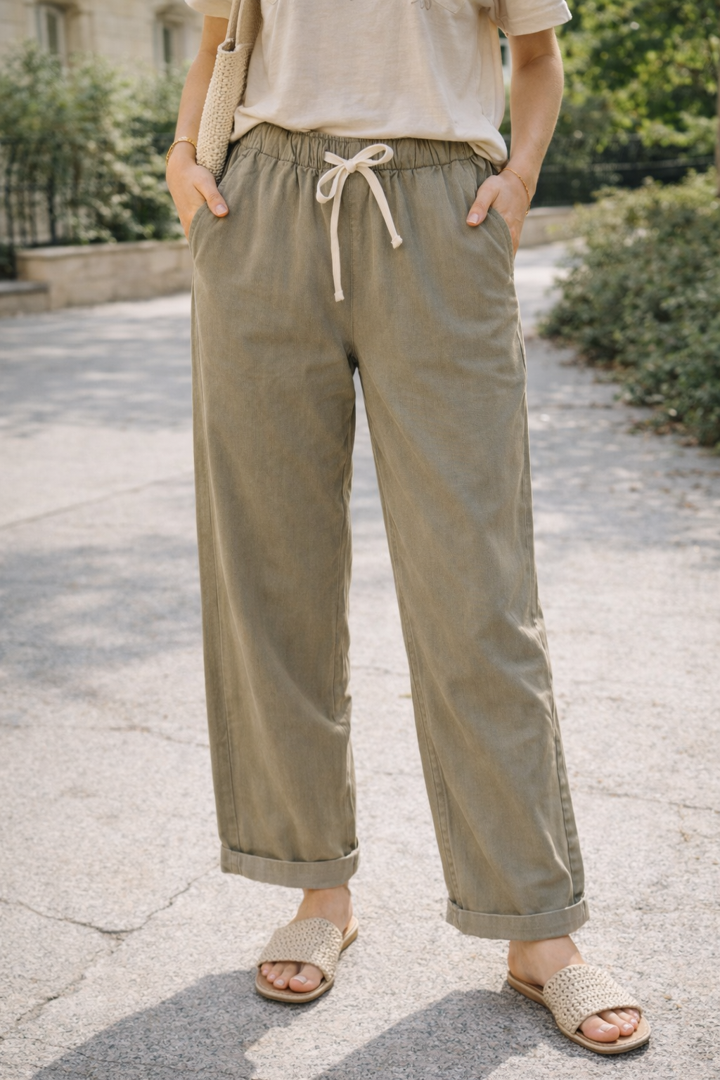 Pantalon femme oversize coton tencel coupe droite taille élastique casual chic