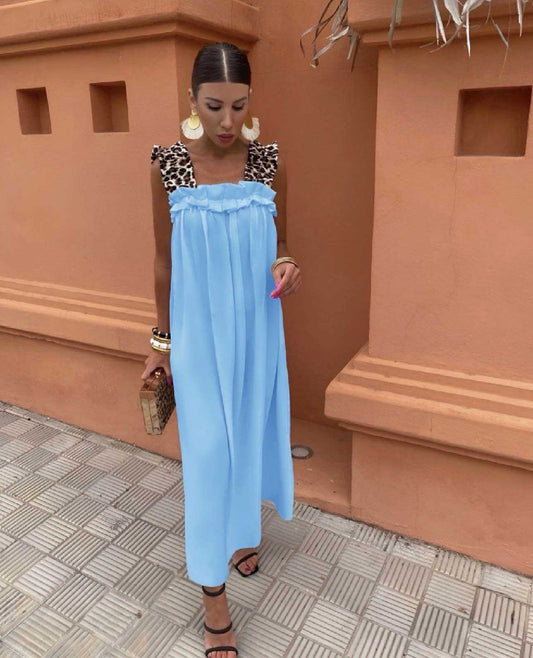 Robe longue femme fluide bretelles léopard robe été chic TU