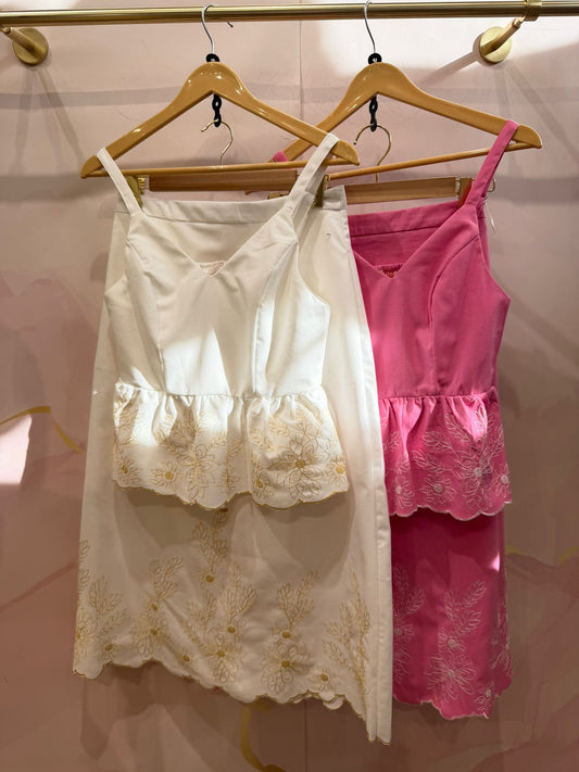 Robe Longue Brodée Peplum – Soleil rose