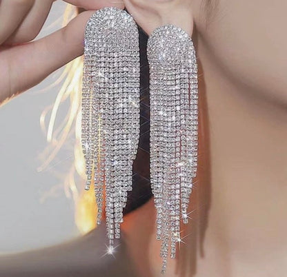 Boucles d’oreilles STRASS franges longs- ARGENT, OR & NOIR