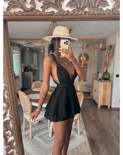 Combinaison short gaze de coton multiple position kaki et noir