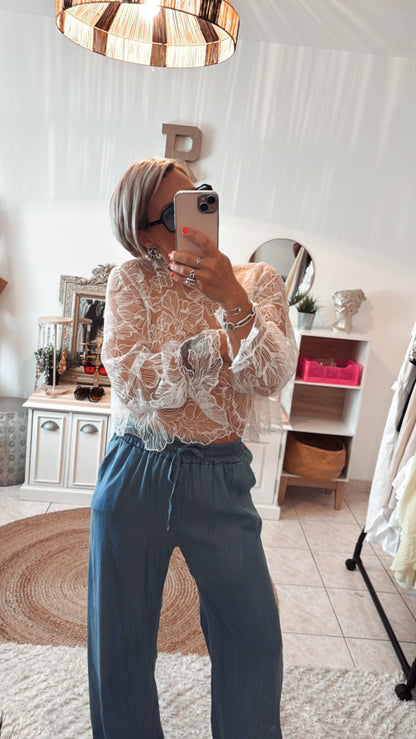 Blouse en dentelle avec dos ouvert EMIRA-BLANC