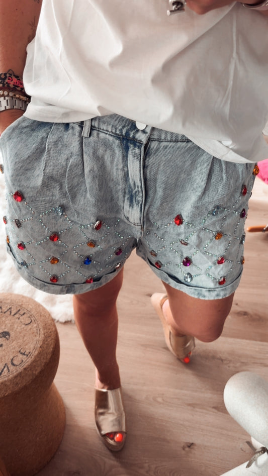 Short en Jean Femme avec Strass et Pierres Multicolores – Short Denim Chic Été