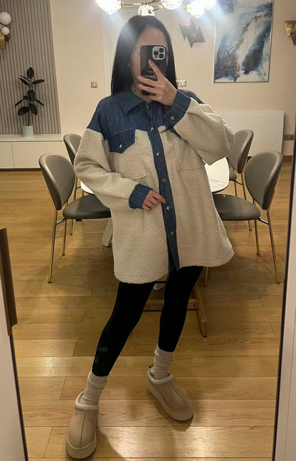 Surchemise En Bouclette Detail Jean beige et Camel