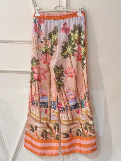 Pantalon palazzo tropical femme pantalon fluide été imprimé palmiers amour
