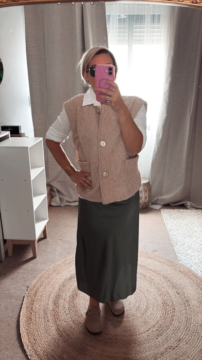 Jupe Satiné Coupe Légèrement Évasé Kaki, Noir et beige