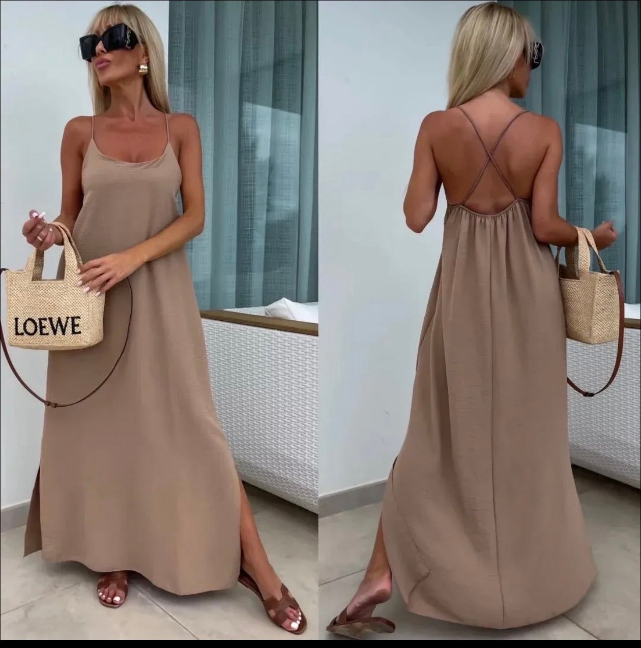 Robe longue fluide dos croisé - Camel