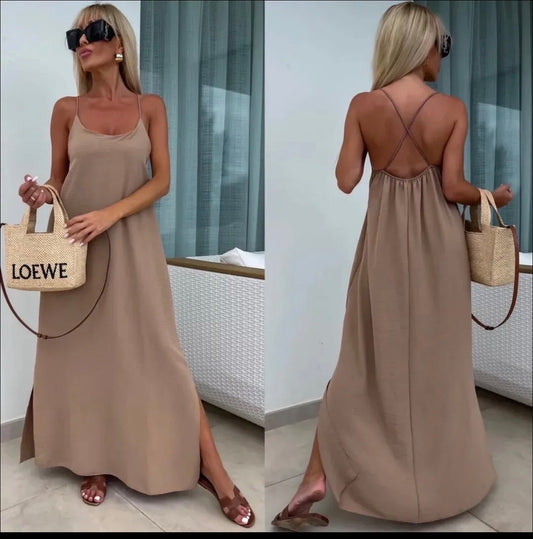 Robe longue fluide dos croisé - Camel
