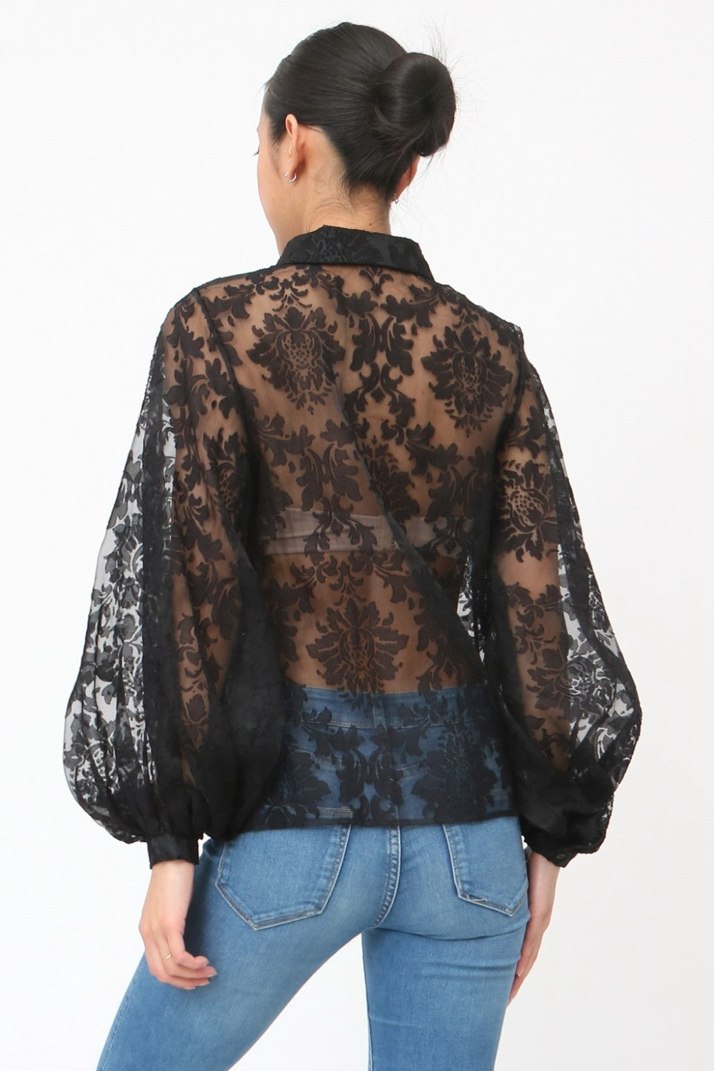 Chemisier Femme Transparent Motif Baroque Noir