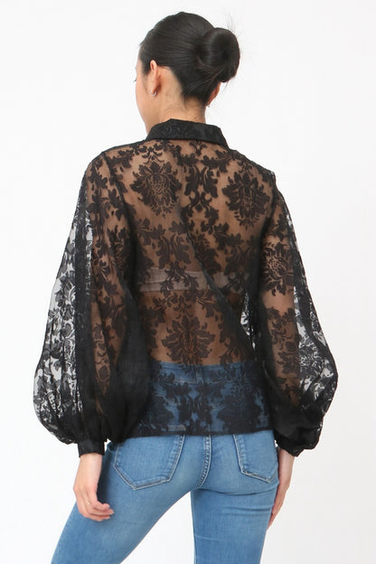 Chemisier Femme Transparent Motif Baroque Noir