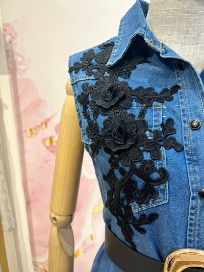 Robe en Jean Femme avec Dentelle Florale Noire – Style Chic et Élégant