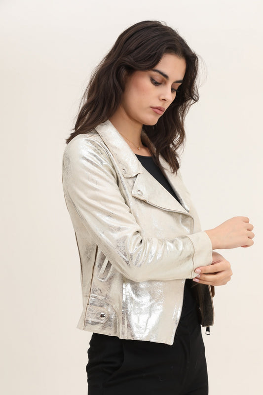 Veste perfecto femme argente leger veste simili cuir metallise dorée