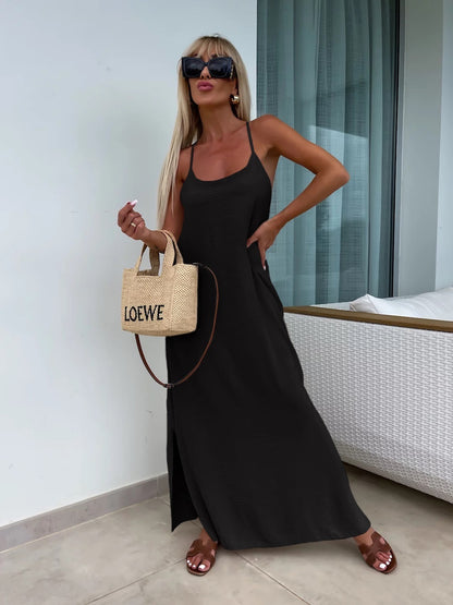 Robe longue fluide dos croisé - noir