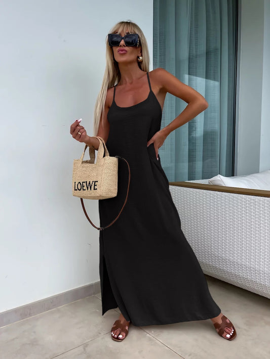 Robe longue fluide dos croisé - noir