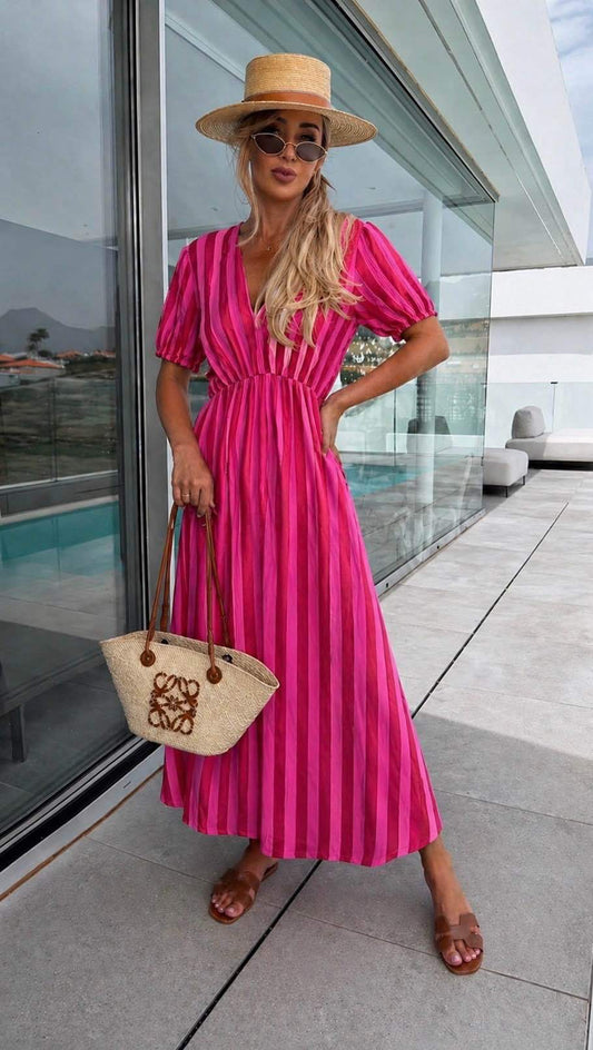Robe longue rose rayée femme bohème chic été