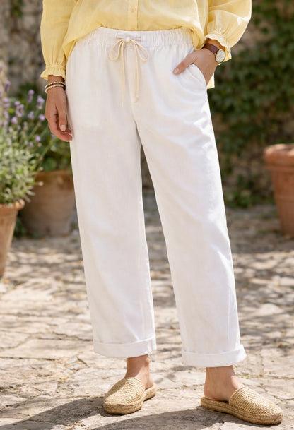 Pantalon femme oversize coton tencel coupe droite taille élastique casual chic