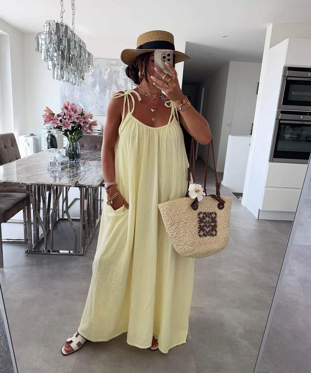 Robe Longue Bohème en Gaze de Coton – Bretelles à Nouer