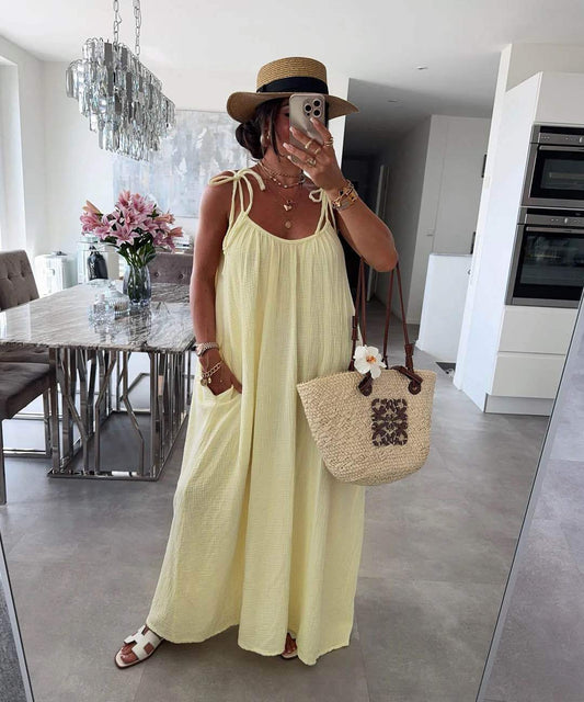 Robe Longue Bohème en Gaze de Coton – Bretelles à Nouer