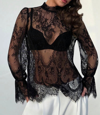 Blouse Transparente en Dentelle à Manches Évasées