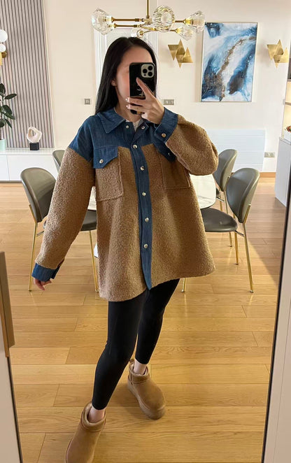 Surchemise En Bouclette Detail Jean beige et Camel