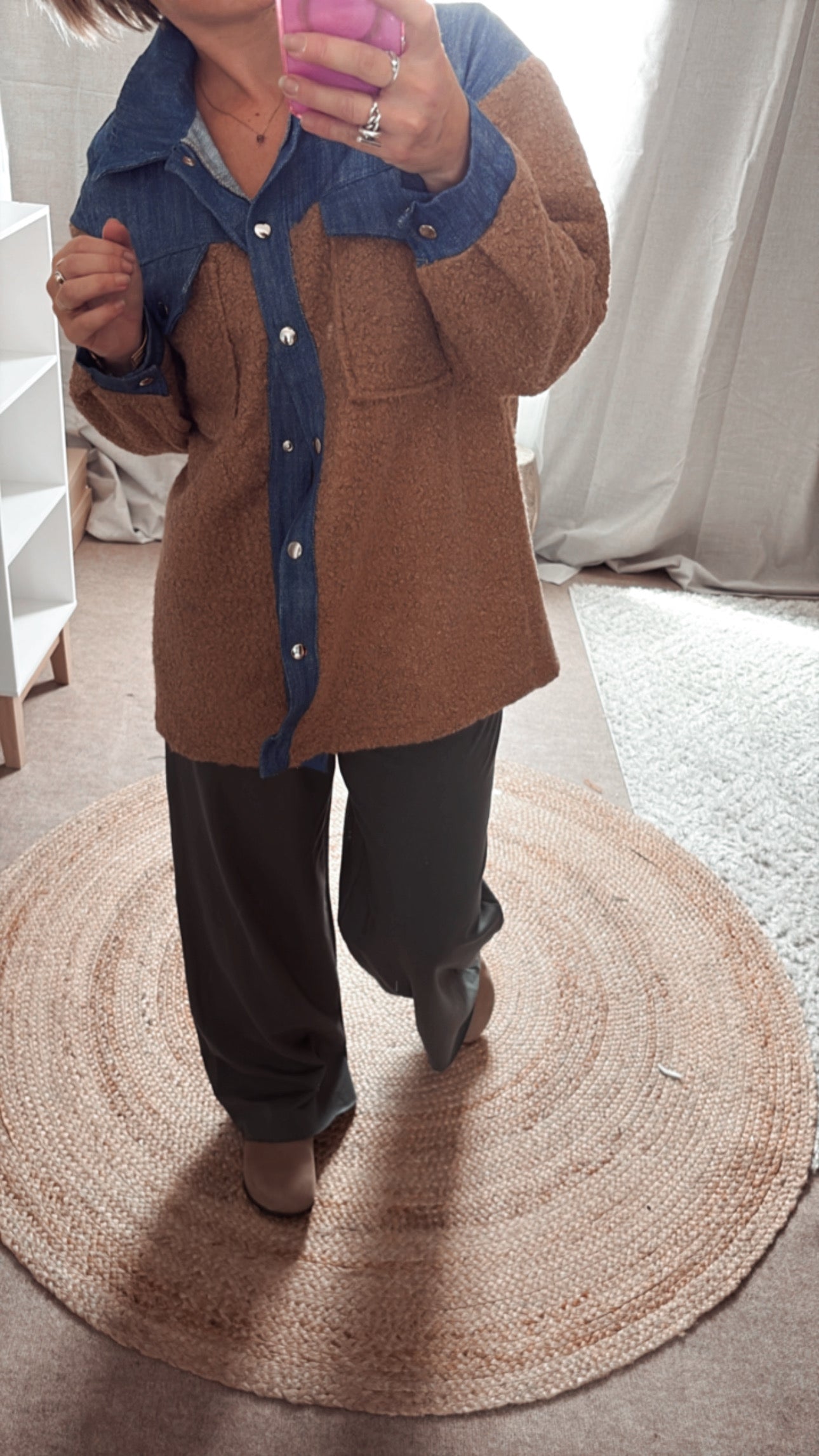 Surchemise En Bouclette Detail Jean beige et Camel