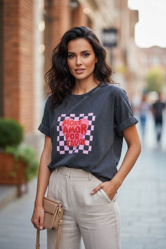 T-shirt femme gris imprime coeur more amor por favor coupe loose tendance