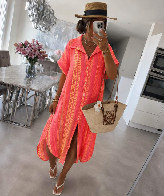 Robe Chemise Longue Bohème – Rayures Fluo