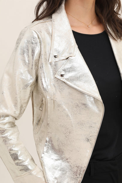 Veste perfecto femme argente leger veste simili cuir metallise dorée