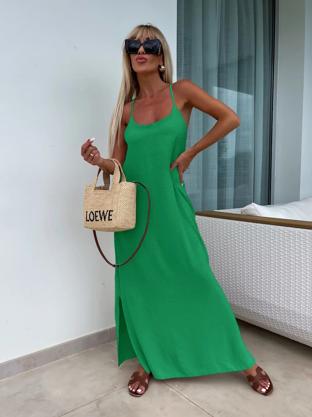 Robe longue fluide dos croisé - vert