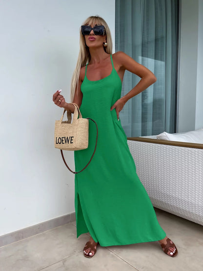 Robe longue fluide dos croisé - vert